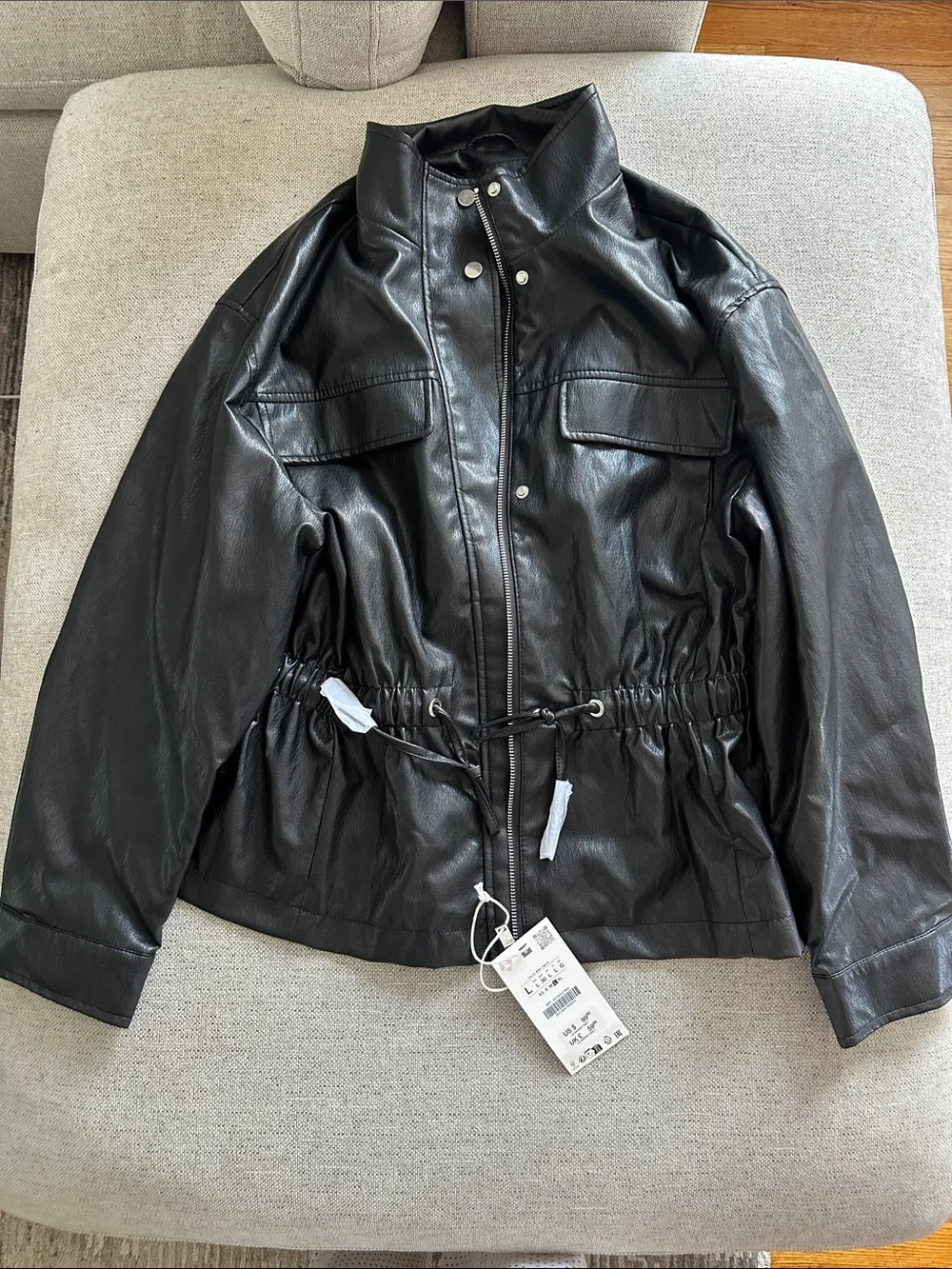 Zara 6318/047 Black Faux Leather Drawstring Waist Jacket
